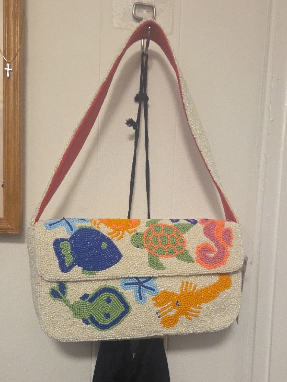 Beaded Ocean Life Shoulder Bag - White with Multicolor Sea Motifs